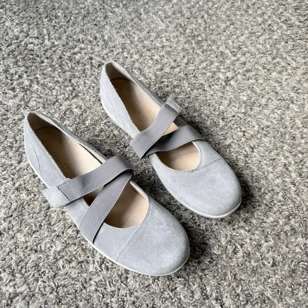 Vionic 9.5 Shelby Gray Mary Jane Comfort Shoes Flats Suede Comfort Orthotic
